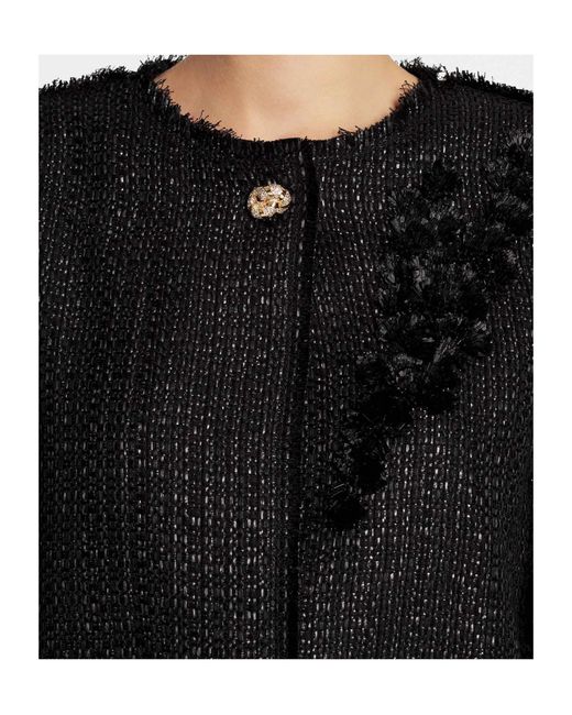 Lanvin Black Appliqué-Detail Fringed Tweed Jacket