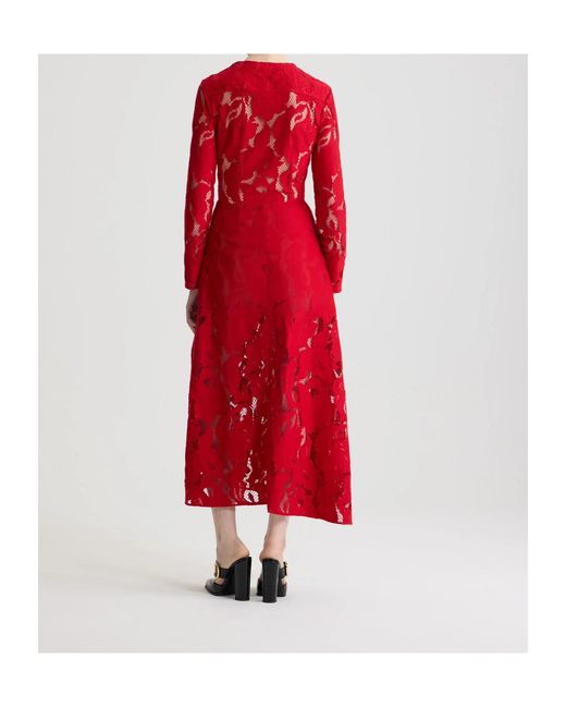 Patou Red Laced Long-Sleeves Midi Dress