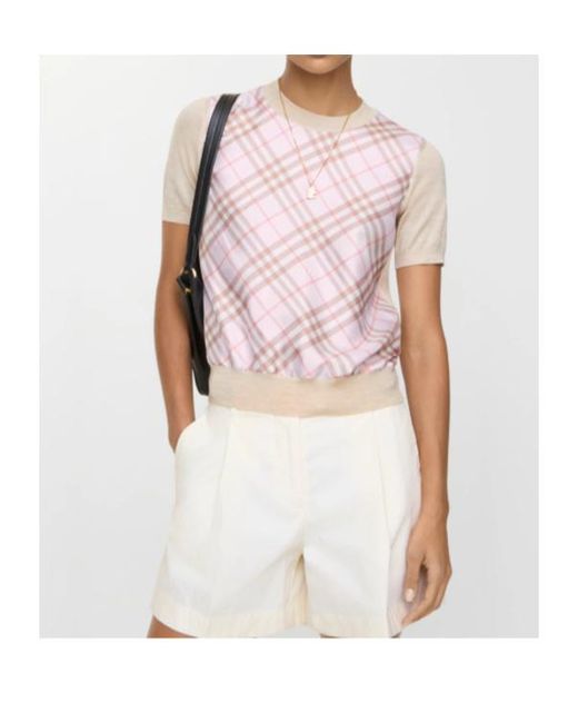 Burberry Pink Check Panel Wool Silk T-Shirt