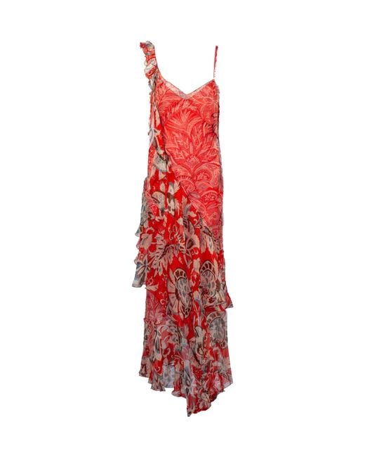 Etro Red Draped Asymmetric Ruffled Dress