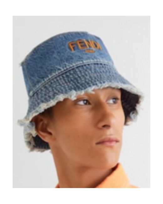 Fendi Blue Logo Embroidered Denim Bucket Hat for men