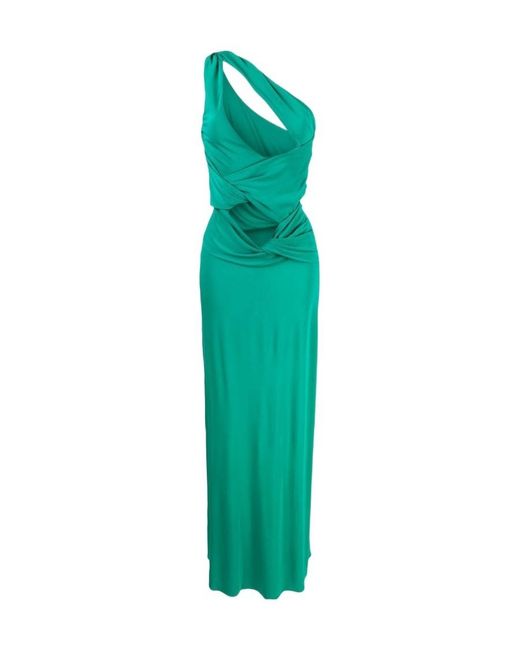 Alberta Ferretti Green Draped One-Shoulder Cut-Out Dress