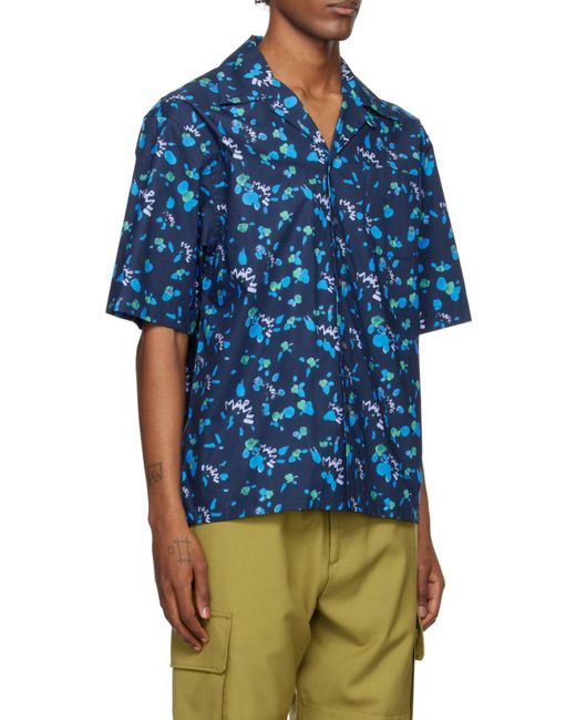 Marni Blue Allover Ink Print Cotton Sport Shirt for men