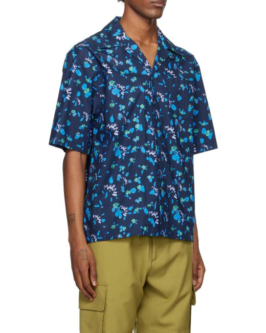 Marni Blue Allover Ink Print Cotton Sport Shirt for men