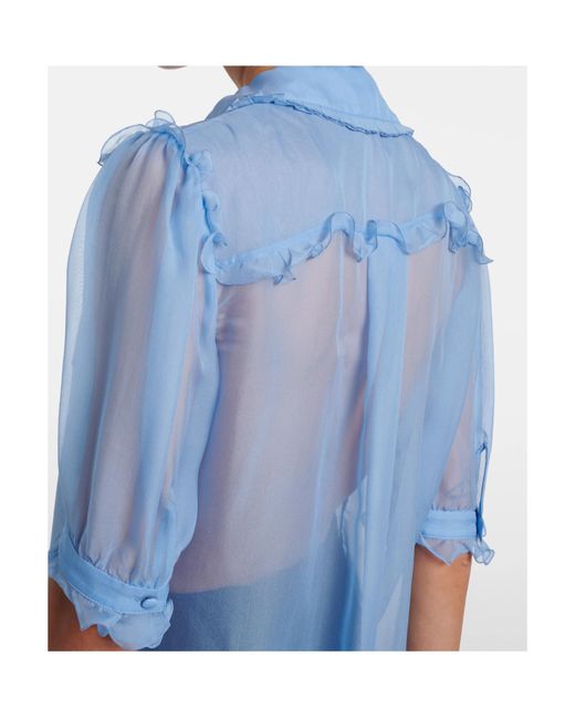 Dolce & Gabbana Blue Ruffled Semi-Sheer Silk Blouse