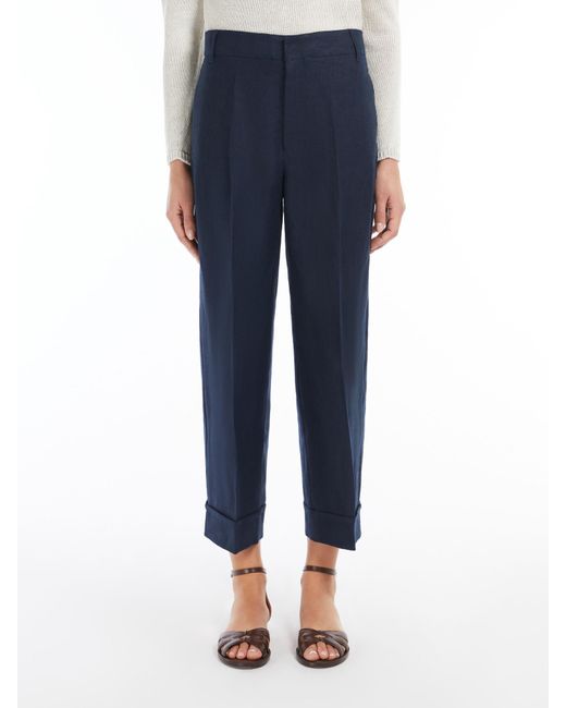 Max Mara Blue Straight-Fit Linen Canvas Trousers
