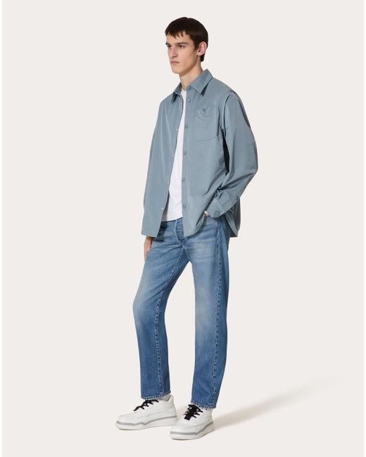 Valentino Blue Logo Plaque Buttoned Shirt Jacket for men