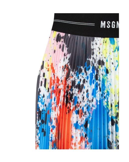 MSGM Blue Splatter-Print Pleated Midi Skirt