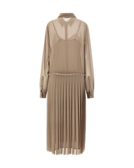 AMI Natural Long-Sleeved Pleated Midi Dress