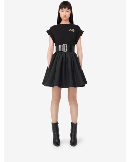McQueen Black Seal-Logo Panelled Crewneck Mini Dress