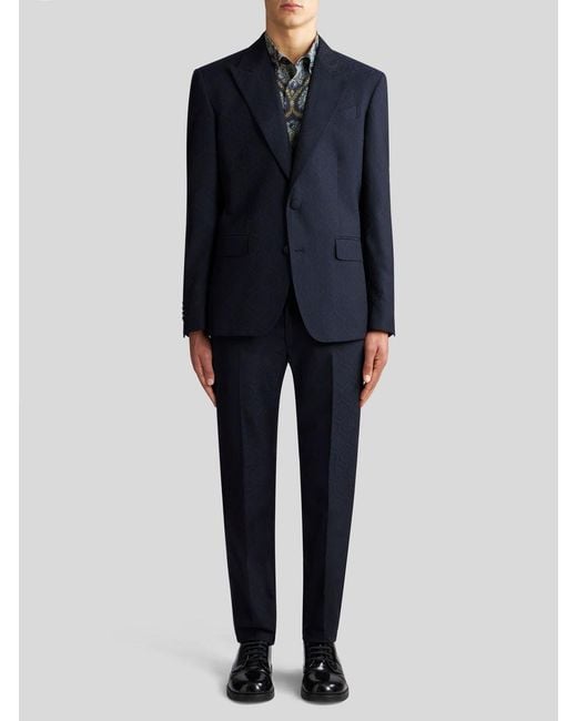 Etro Blue Patterned Single-Breasted Blazer for men