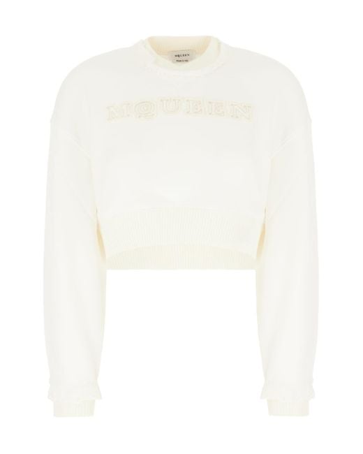 McQueen White Logo Detailed Cropped Sweatshirt