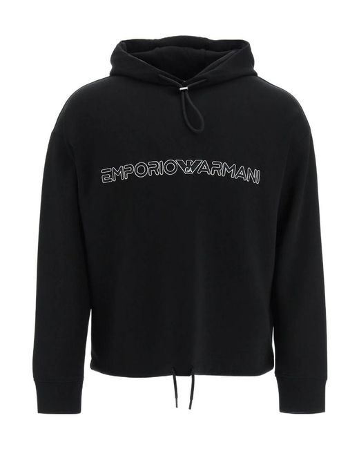 Emporio Armani Black Embroidered-Logo Pullover Hoodie for men
