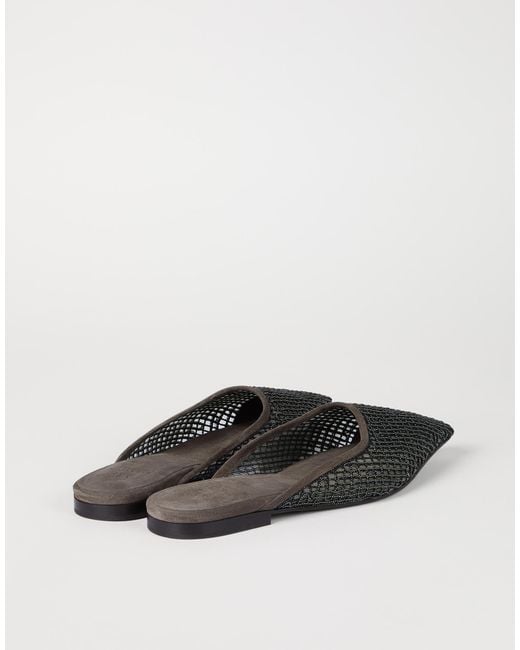 Brunello Cucinelli Brown Square Toe Net-Embroidery Mules