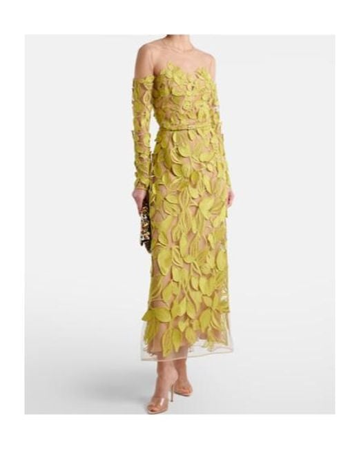 Elie Saab Yellow Embroidered Silk-Blend Midi Dress