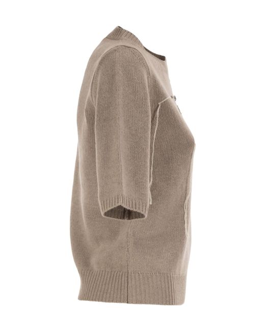 Fabiana Filippi Brown Rhinestone Short-Sleeve Knitted Sweater