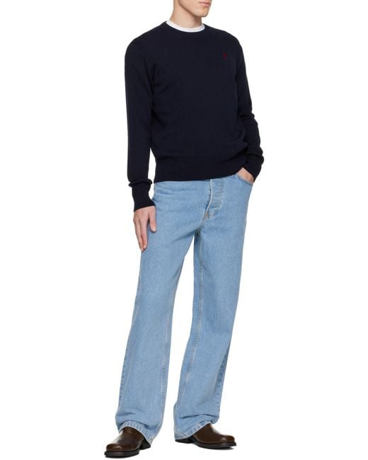 AMI Blue Logo Embroidered Crewneck Jumper for men