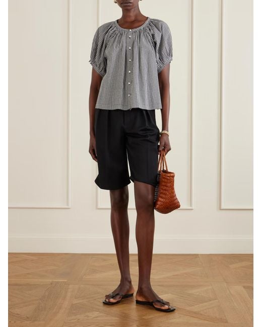 Doen Gray And- Gingham Puff-Sleeve Cotton Blouse