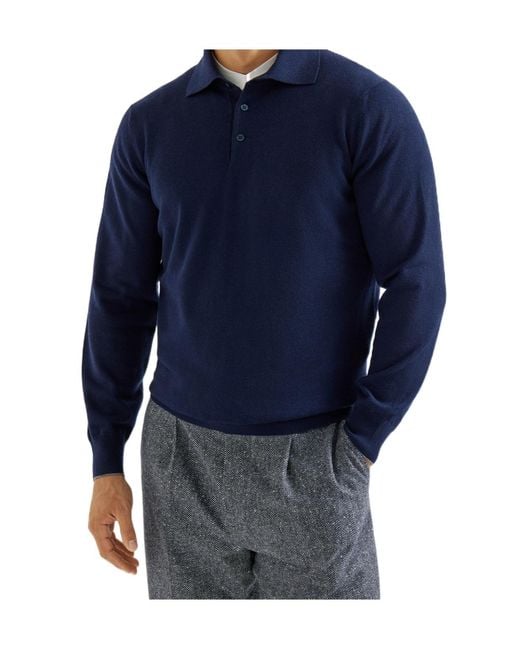 Brunello Cucinelli Blue Cashmere Knit Polo Shirt for men