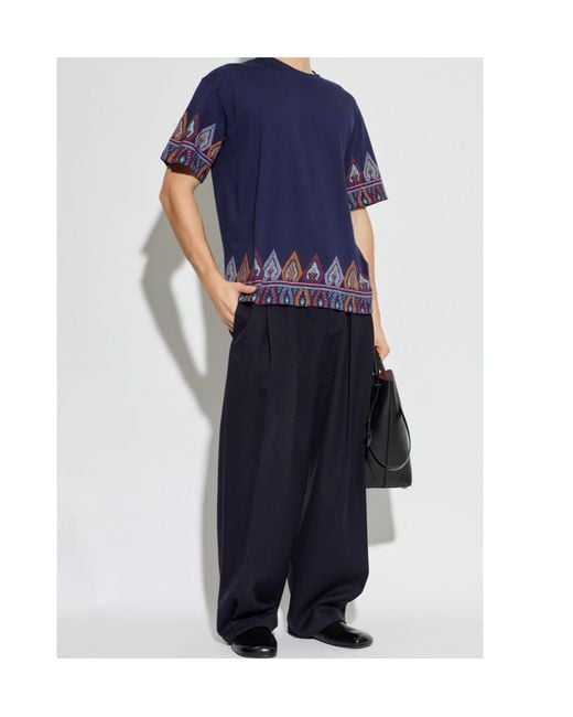 Etro Blue Patterned Crewneck T-Shirt for men