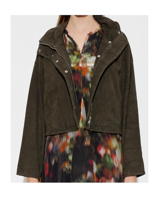 AllSaints Green High-Necked Long-Sleeved Leather Jacket