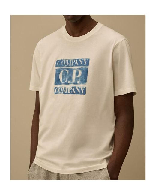 C P Company White Logo Printed Crewneck T-Shirt for men