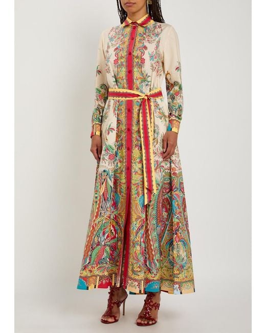 Etro Red Printed Belted Cotton-Poplin Midi Shirt Dress