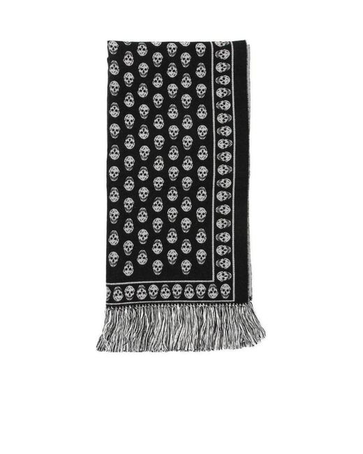 McQueen Black Skull Print Fringed Scarf