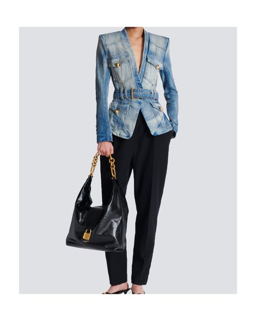 Balmain Blue 1-Button Belted Denim Jacket