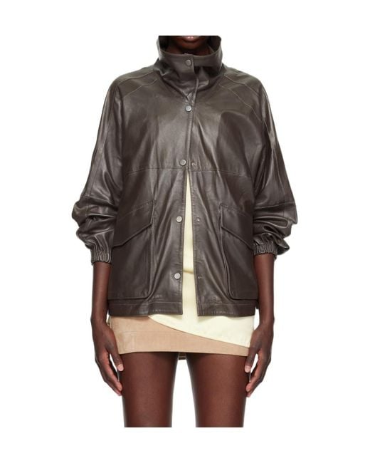 Nour Hammour Gray Stand-Collar Leather Jacket