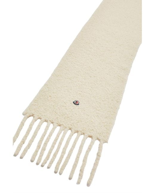 Moncler White Logo Patch Brushed Fringed Scarf