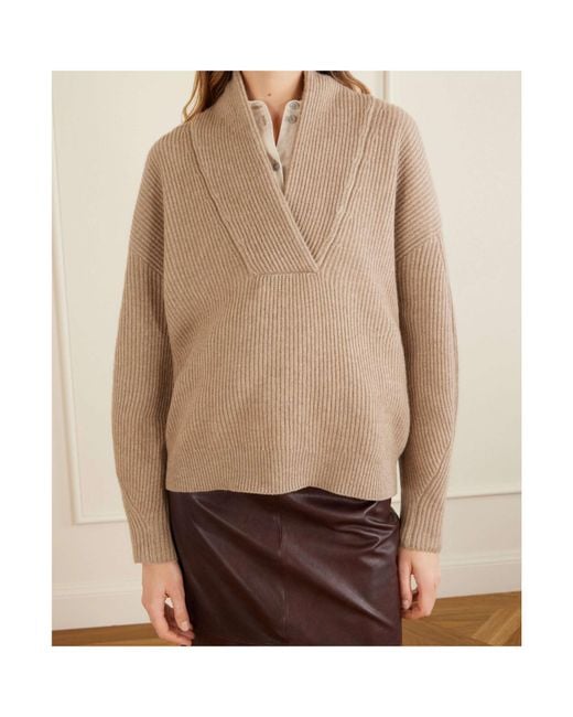 Brunello Cucinelli Natural Cashmere English-Rib Sweater With Monili