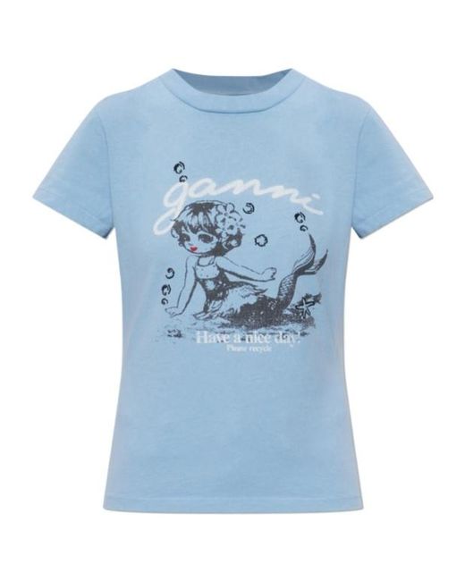 Ganni Blue Logo Printed Crewneck T-Shirt