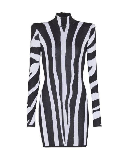 Balmain Black Short Knit Dress With Zebra Intarsia