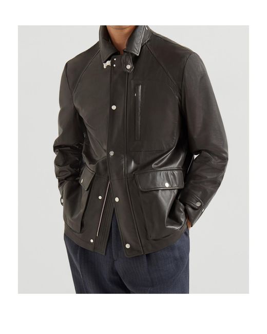 Brunello Cucinelli Black Pocket Calf Leather Jacket for men