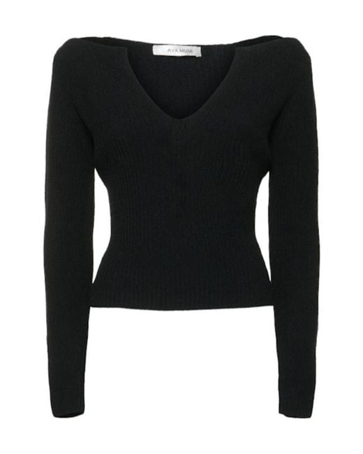 AYA MUSE Black Caeli Cotton Knit V-Neck Sweater