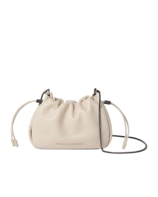 Brunello Cucinelli White Mellow Drawstring Small Bucket Bag