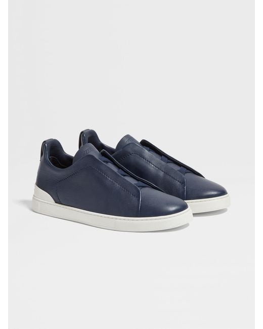 Zegna Blue Triple Stitch Leather Sneakers for men