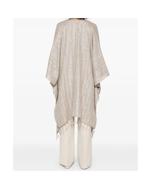 Brunello Cucinelli Natural Striped Sparkling Fringed Poncho