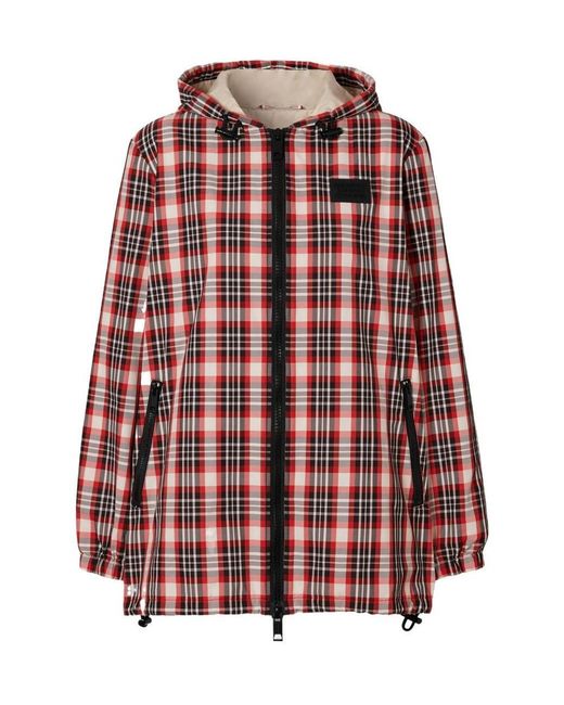 Burberry Red Logo Appliqué Tartan Parka Jacket