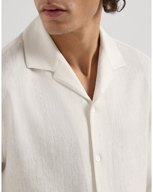 Brunello Cucinelli White Linen And Cotton Chevron Jersey Short Sleeve Shirt With Camp Collar for men