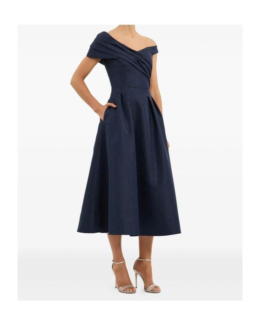 Rebecca Vallance Blue Pleated Off-Shoulder Midi Dress