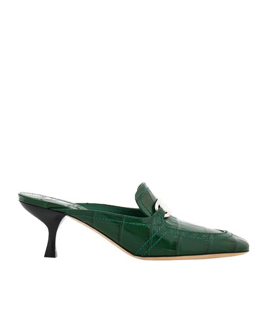 Ferragamo Green Embossed Round-Toe Mules