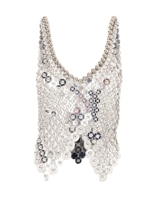 Rabanne White Sequined Bead-Embellished-Tone Chainmail Tank