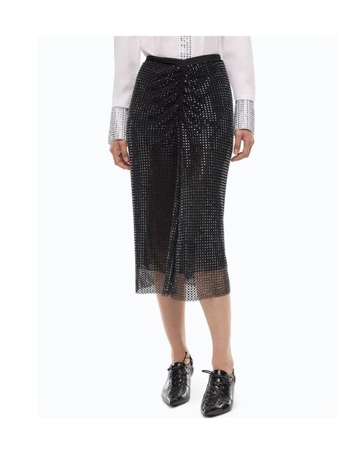Pinko Black Mesh-Effect Calf-Length Skirt With Rhinestones