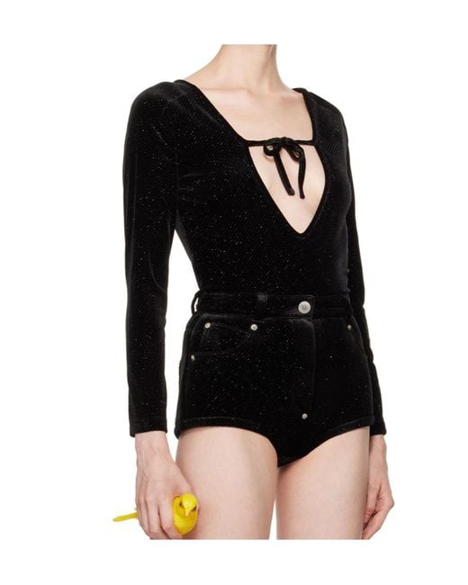 Pushbutton Black Lace-Up Bodysuit