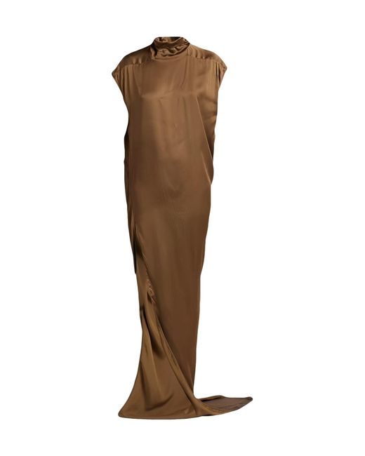 Rick Owens Brown Solid Color Satin Short-Sleeve Turtleneck Dress