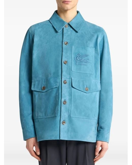 Etro Blue Suede Overshirt With Pegaso for men