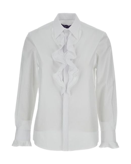 Ralph Lauren White Collection Keara Ruffle-Trim Broadcloth Shirt