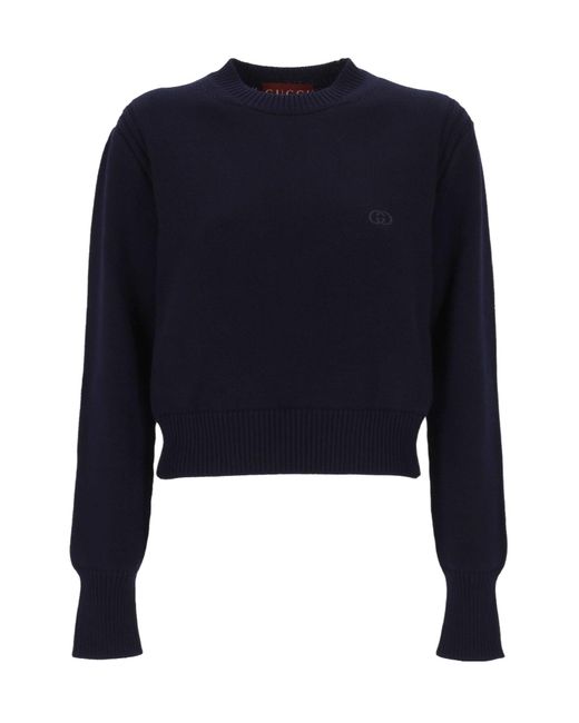 Gucci Blue Logo Embroidered Knitted Jumper